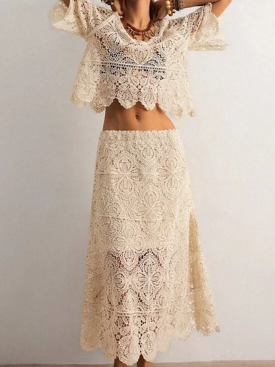 Apricot Elegant Women's Bohemian Crochet Knit Set - Picture 4 of 8